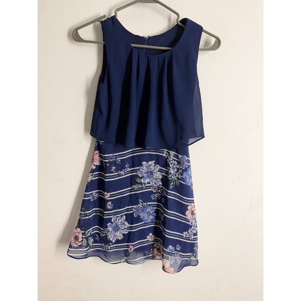 IZ Byer Girl Navy Blue Floral Striped Popover Dress Sleeveless Size 10